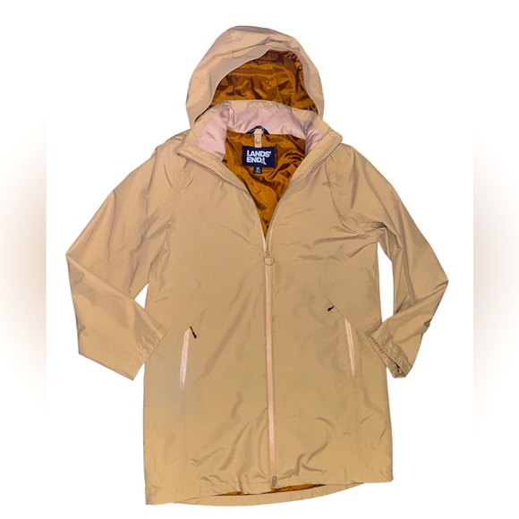 NWOT Land’s End medium 10/12 parka raincoat hooded tan fall transition neutral